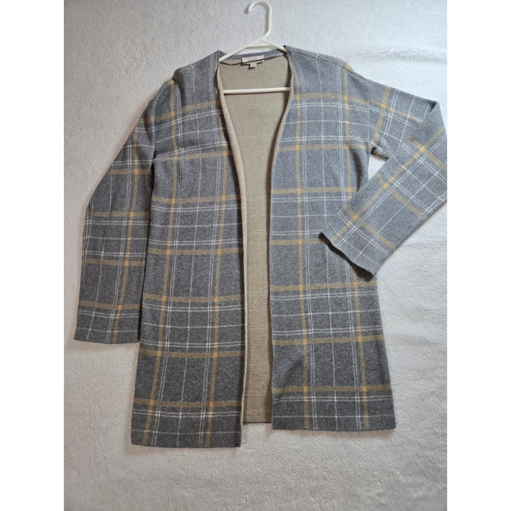 Loft Gray Yellow Plaid Open Front Longline Cotton Cardigan XS 70289